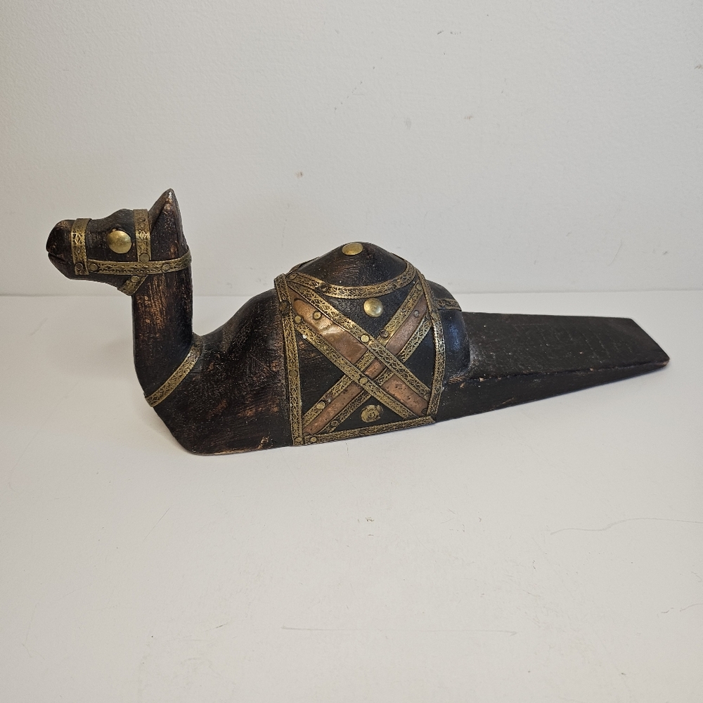 Wood & Brass Camel Figural Wedge Doorstop Bohemian Hand Carved Sculpture stopper
